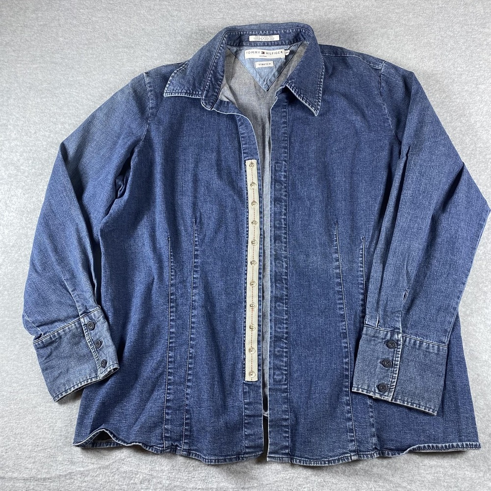 Tommy Hilfiger Jacket Womens 20 Plus Blue Stretch Denim Snap Front Casual Logo